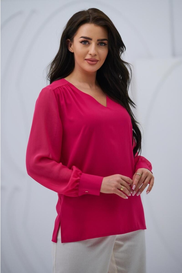 Elegancka bluzka damska z szyfonowym długim rękawem dekolt V mankiety z guzikiem - fuksja